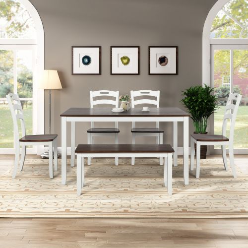 6 Piece Dining Table Set with Bench, Table Set with Waterproof Coat, Wooden Dining Table and Chairs, Ivory and Cherry 6 Piece Dining Table Set with Bench, Table Set with Waterproof Coat, Wooden Dining Table and Chairs, Ivory and Cherry