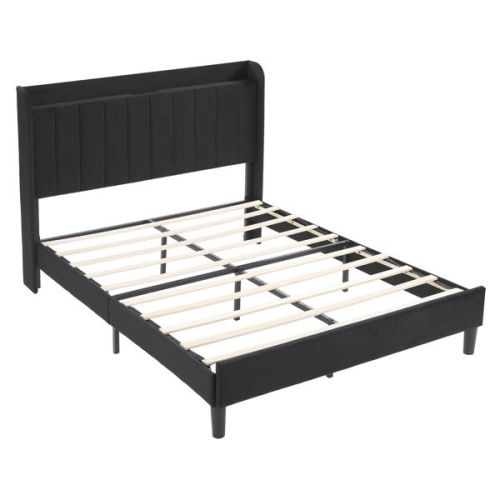 Full Size Velvet Bed Frame with Charging Station and Storage Shelf, Upholstered Platform Bed with Vertical Channel Tufted Wingback Headboard