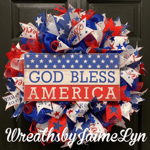 16inch*16inch July 4th Wooden Wreath Patriotic American Wreath, God Bless America Front Door Wreath, Memorial Day Star Stripe