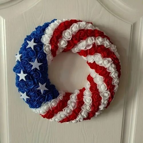 14Inch Patriotic Roses Wreath, 4th of July Independence Day Wreath for Front Door