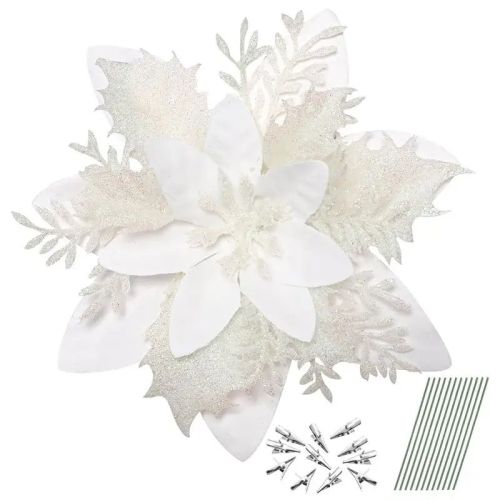 12pcs Christmas Glitter Artificial Poinsettia Flowers Christmas Tree Flowers Hanging Ornaments Party Decoration With Stems Clips 12pcs Christmas Glitter Artificial Poinsettia Flowers Christmas Tree Flowers Hanging Ornaments Party Decoration With Stems Clips